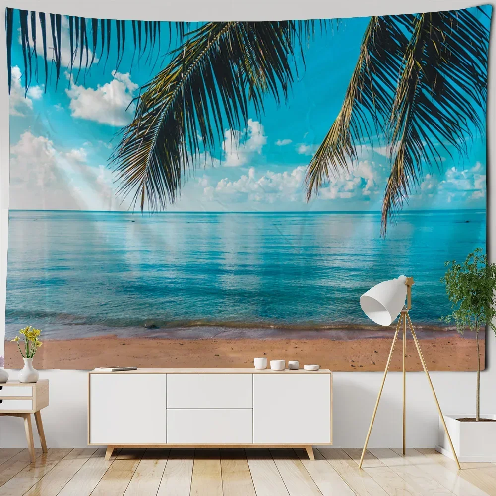 Retro oil painting tapestry, ocean view, home wall hanging fabric, Bohemian, aesthetics, living room, bedroom, wall decoration