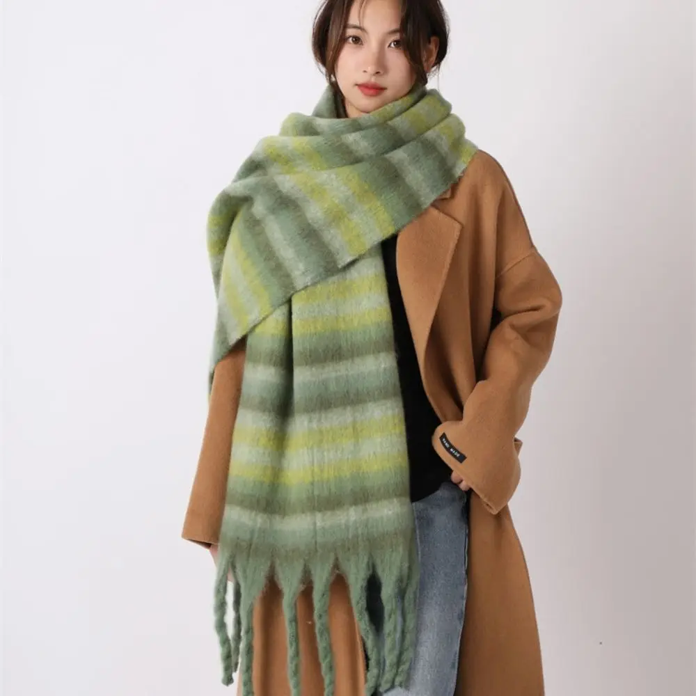 Prosty szal z moheru w kratę, wełniany szal z pluszowymi frędzlami, zimowe szale kaszmirowe, styl koreański, gruby długi szal dla dziewczyn