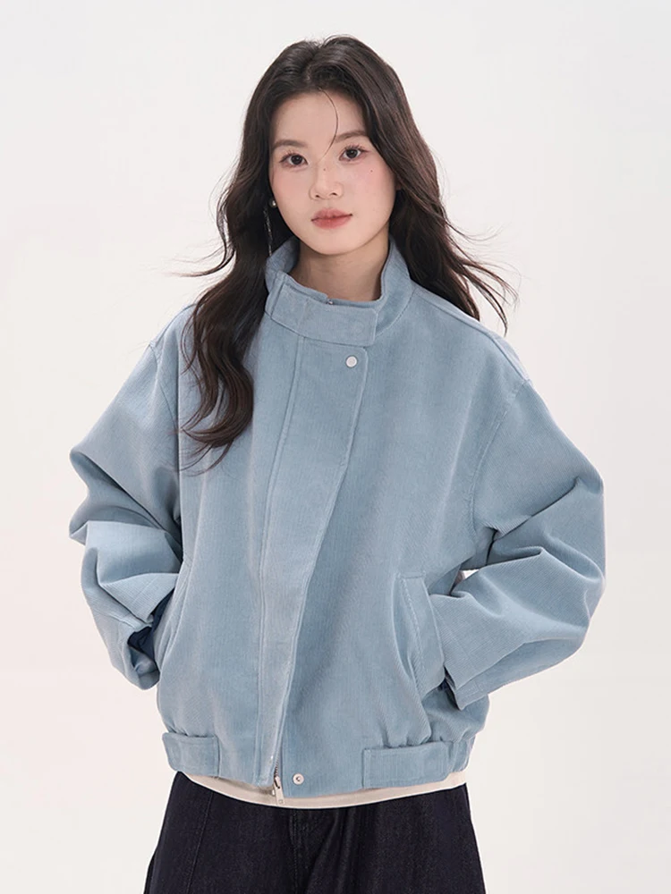Sweet Blue Corduroy Jacket Women Loose Vintage Stand Collar Pockets Coat Fall Winter Long Sleeve Zipper Preppy Style Outwear Top