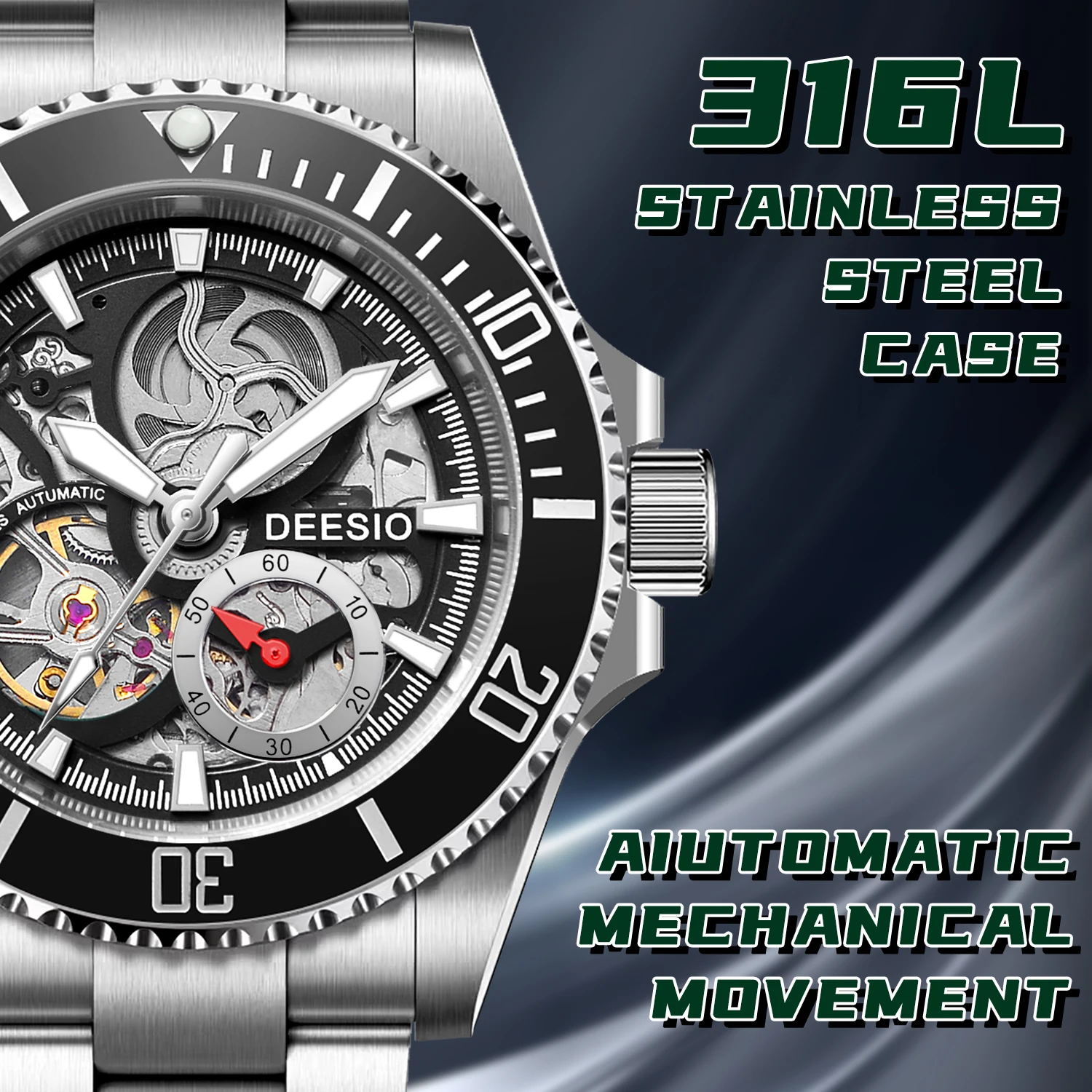 Deesio Orologio automatico da uomo nuovo Orologio da polso meccanico a carica automatica con cassa in acciaio inossidabile con cristallo di zaffiro resistente all'acqua