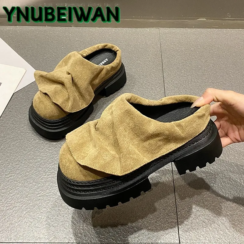 

Flats Platform Women Mules Shoes Suede Pleated Slippers Summer 2025 New Casual Slingback Flip Flops Woman Sandalias Zapatillas