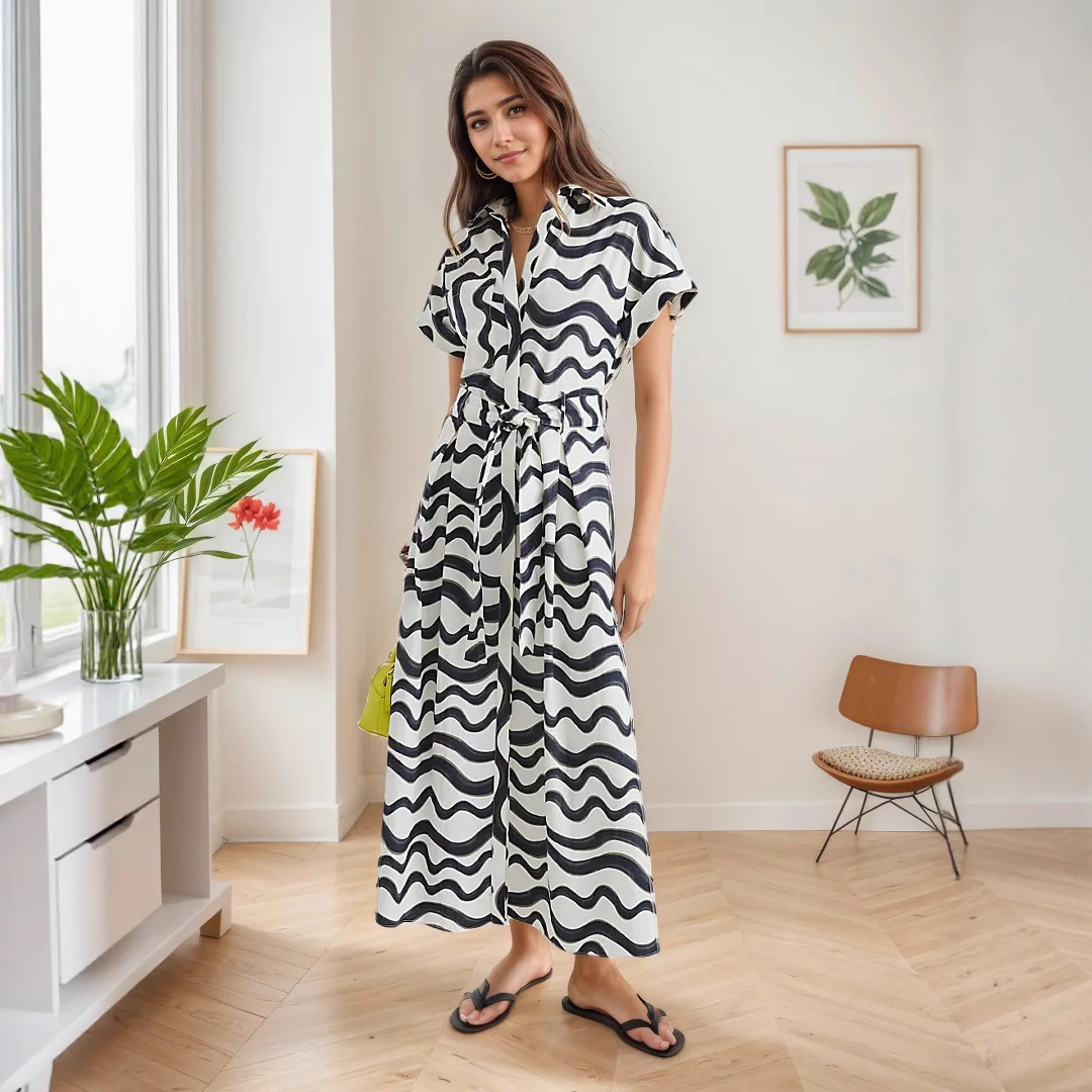 

2025 Summer New Fashion Striped Women Short Sleeved Dress Collar Female Shirt Long Dresses