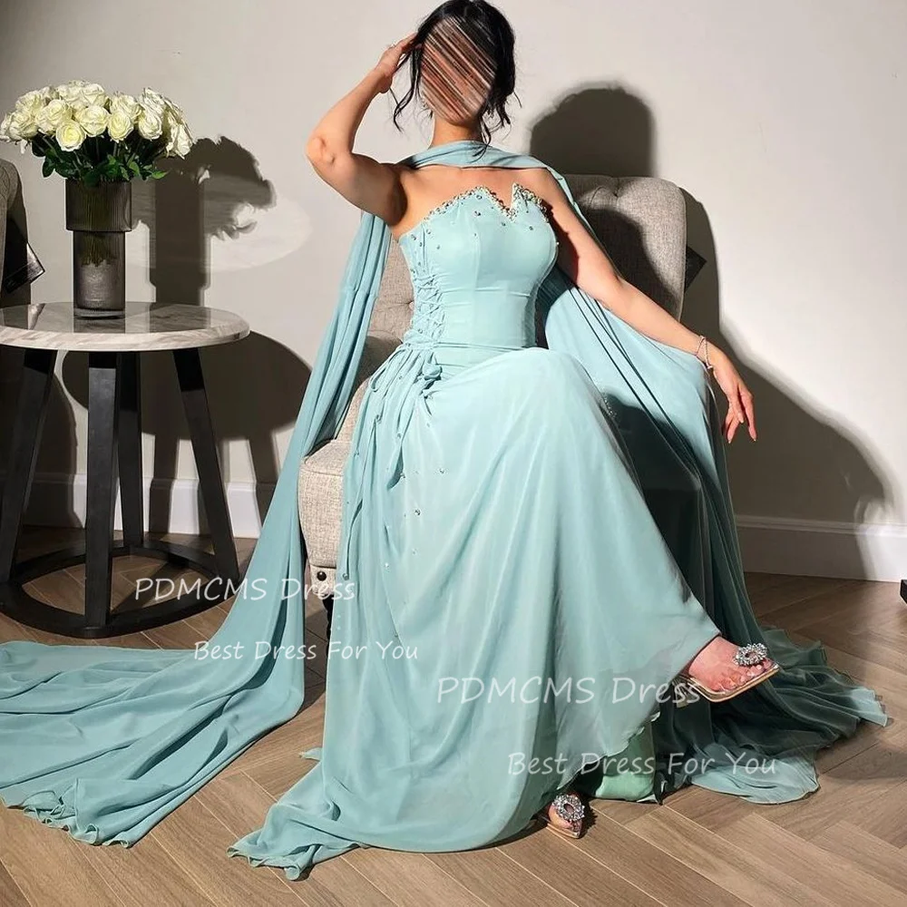 

Sexy Blue Chiffon Party Gowns Strapless New Prom Dresses Beading Sweetheart Evening Dress Saudi Arabia Formal Wedding Lace Up