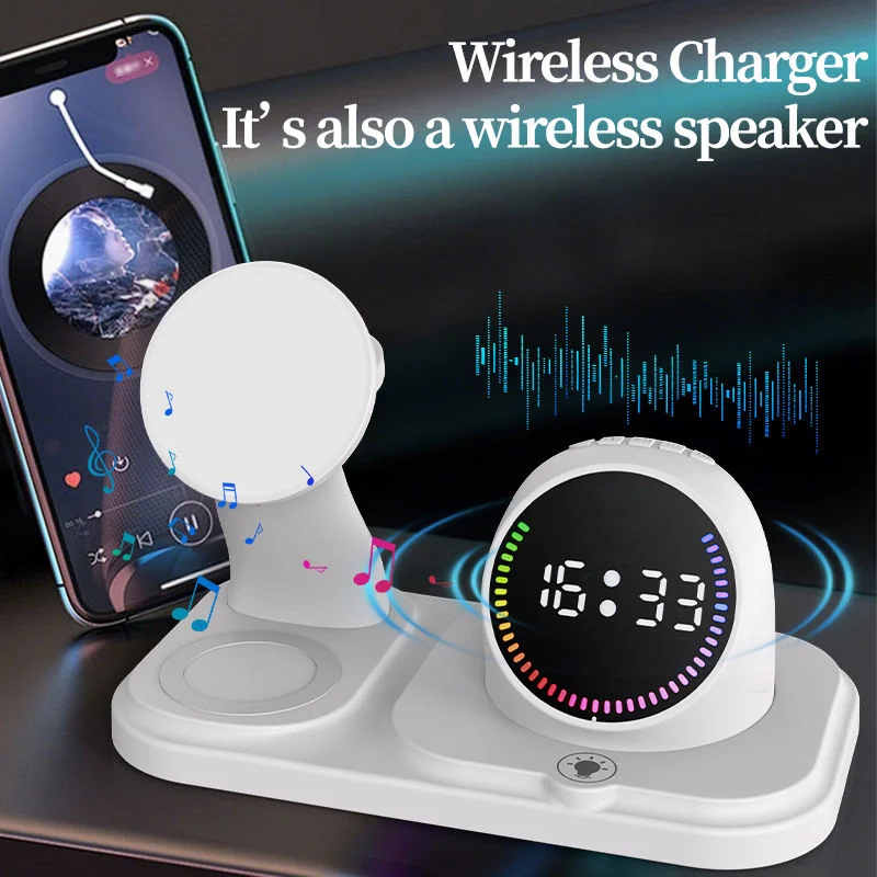 Office Accessories 6 in 1 Magnetic Wireless Charger With Clock Creative Synchronize Time Display With BT Speaker-White