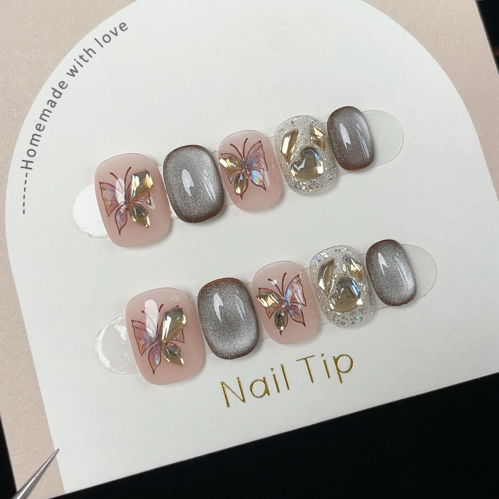 10 stuks kleurrijke Cat Eye ijs transparante vlinder opdruknagels holografische afwerking korte vierkante vorm dierenpatroon afneembaar