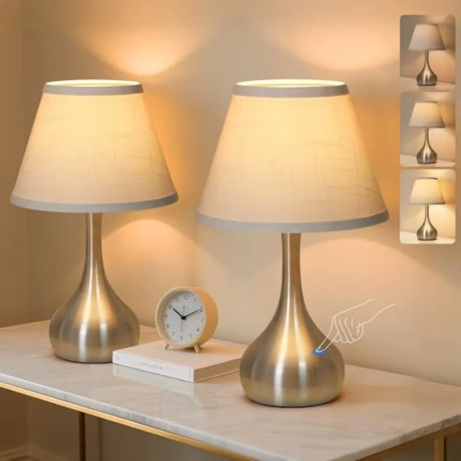 17" Touch Table Lamp for Bedroom Set of 2 3-Way Dimmable Bedside Lamp for Nightstand Modern Metal Desk Lamp with Linen Shade fo