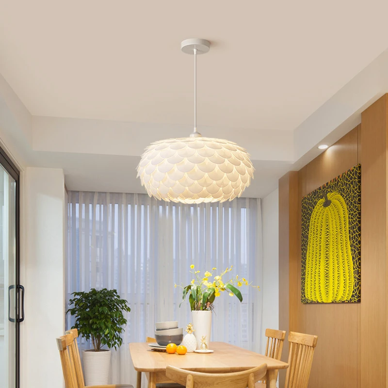 Modern Cream wind LED Pendant Light Living Room Bedroom Kitchen Bar counter  Indoor Home Decor Feather Hanging Light Fish scale
