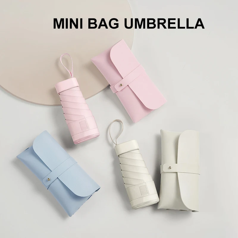 Capsule umbrella and bag set, lightweight mini folding umbrella, women pocket travel umbrella with sun, rain and UV protection