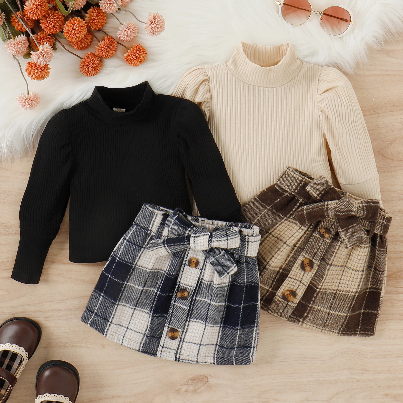 3PCS Autumn And Winter 1-4 Year Old Girls And Baby Trendy And Fashionable Solid Color High-Necked Top + Plaid Skirt Suit