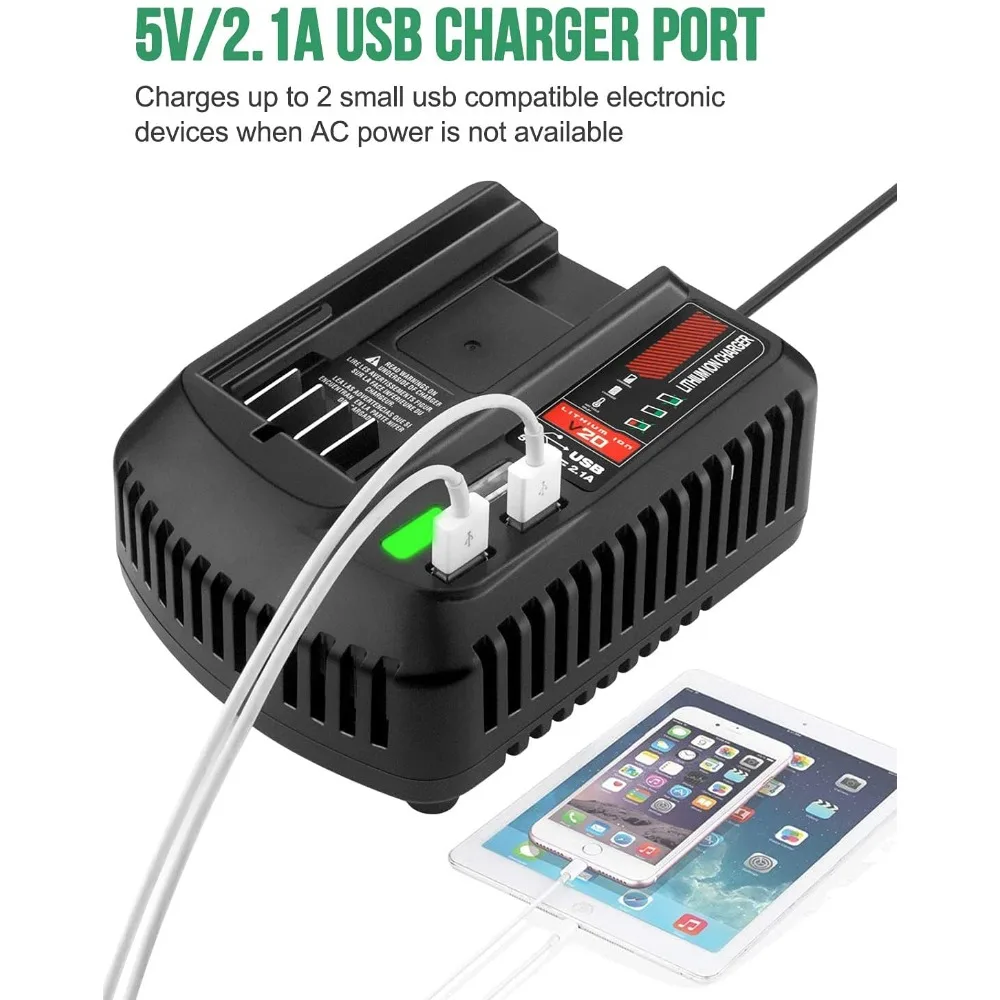 Compatible con baterías de litio Craftsman de 20 V CMCB202 CMCB204 CMCB102 Cargador de batería rápido de 20 V con 2 puertos USB