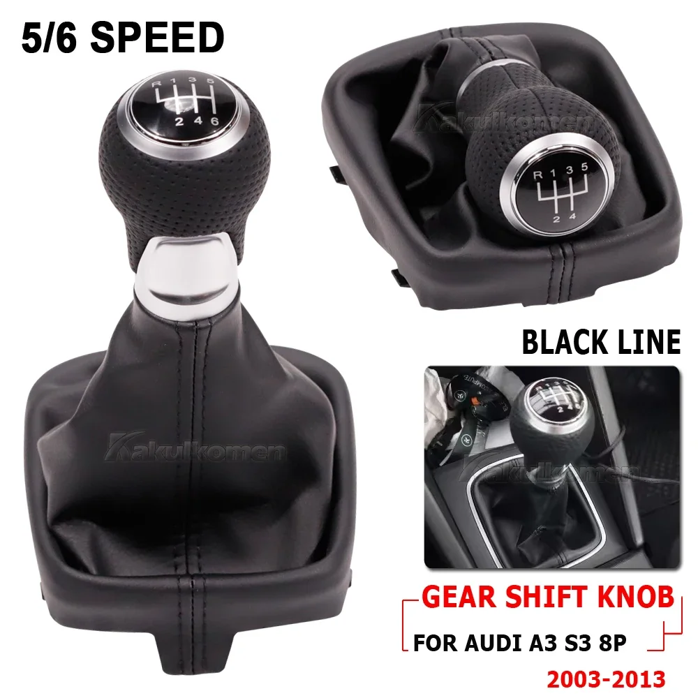 Red/Black Line Manual 6 5 Speed Stick Leather Gear Shift Lever Knob Boot For Audi A3 S3 8P 2003 2004 2005 2006 2007 2008-2013