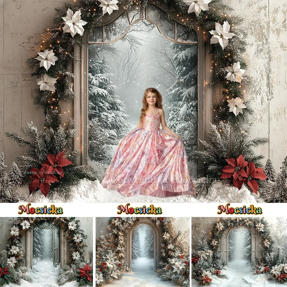 Christmas Background Photography Xmas Arch Wreath Door Frozen Wonderland Snowy Backdrop Decor Kids Maternity Art Photo Studio