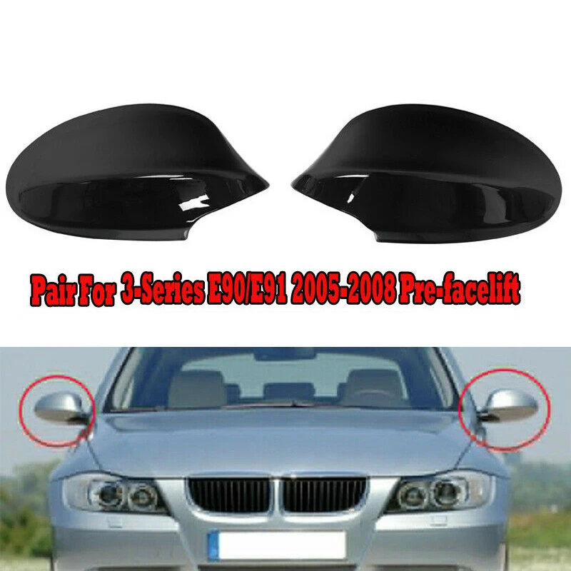 1 Pair Rear View Mirror Cover Caps For BMW E90 E91 325I 328I 330I Sedan 2005-2008 Gloss Black Side Mirror Covers