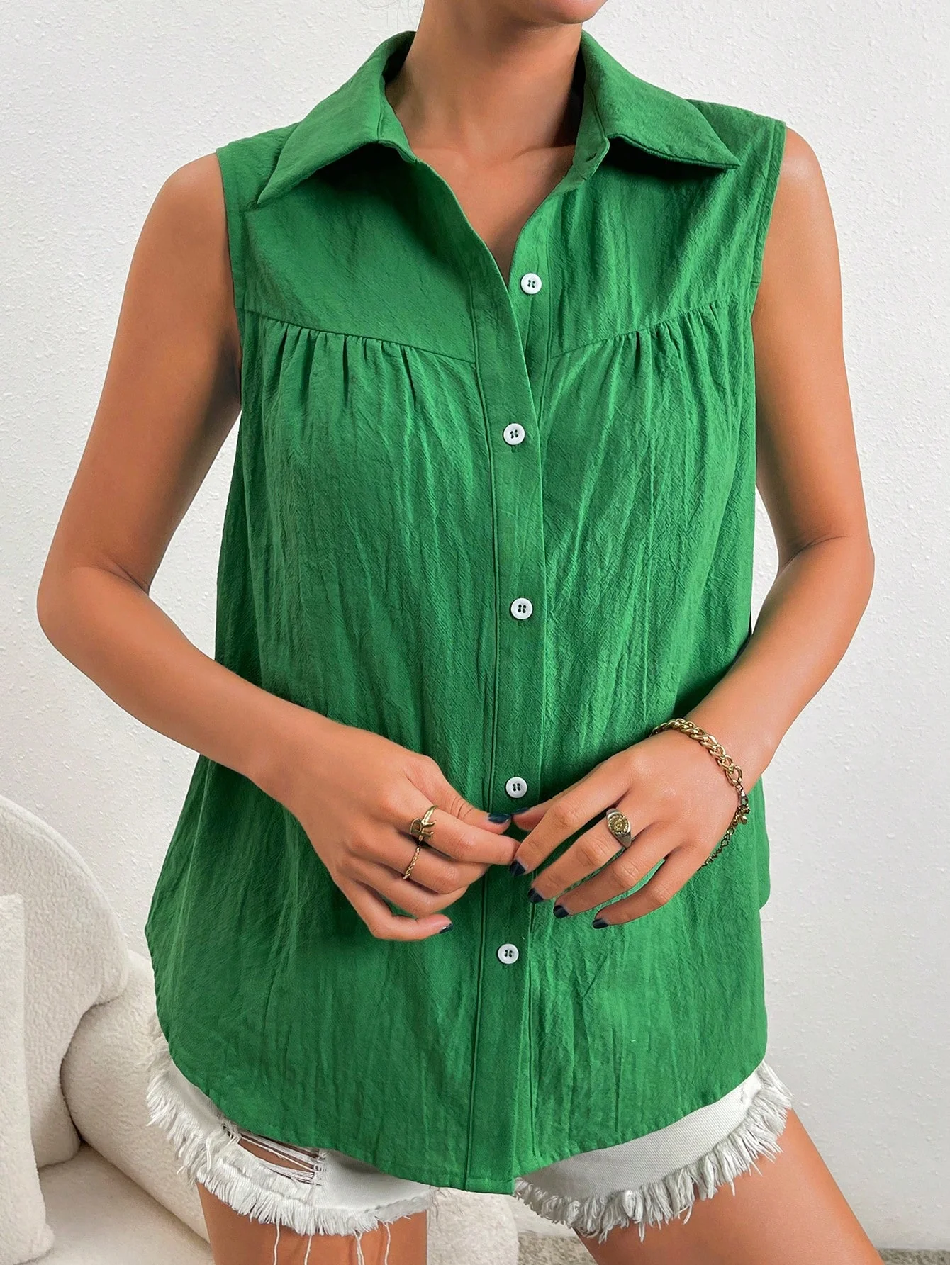 Nuova camicia estiva da donna senza maniche, top con risvolto ampio ed elegante, camicia base casual