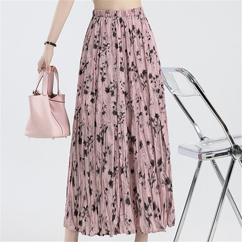 

Seoulish Women Long Pleated Skirts Elastic High Waist Elegant Chiffon Printed Casual A-Line Skirt Female 2024 New Spring Summer