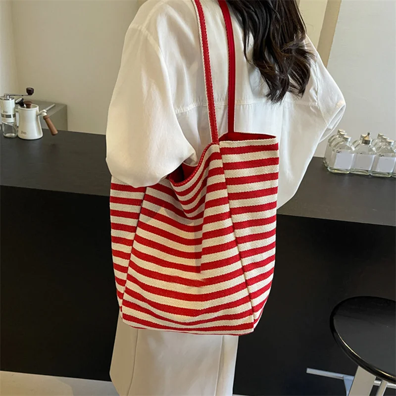 Red Striped Canvas Shoulder Bag Handbag Korean Style Travel Beach Bag Double-sided Shopping Tote Bags Girl Underarm Bag