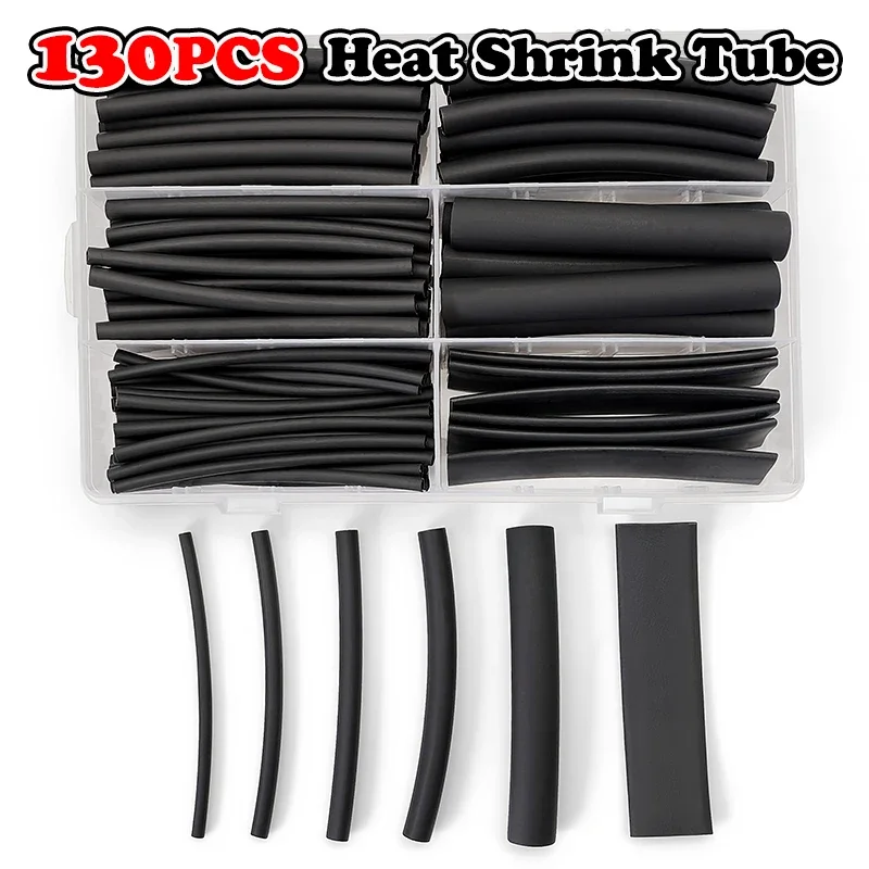130Pcs 3:1 Black Polyolefin Heat Shrink Tubing Retardant For Electric Scooter E-Bike Wiring Harness Breakage Insulation Wrap