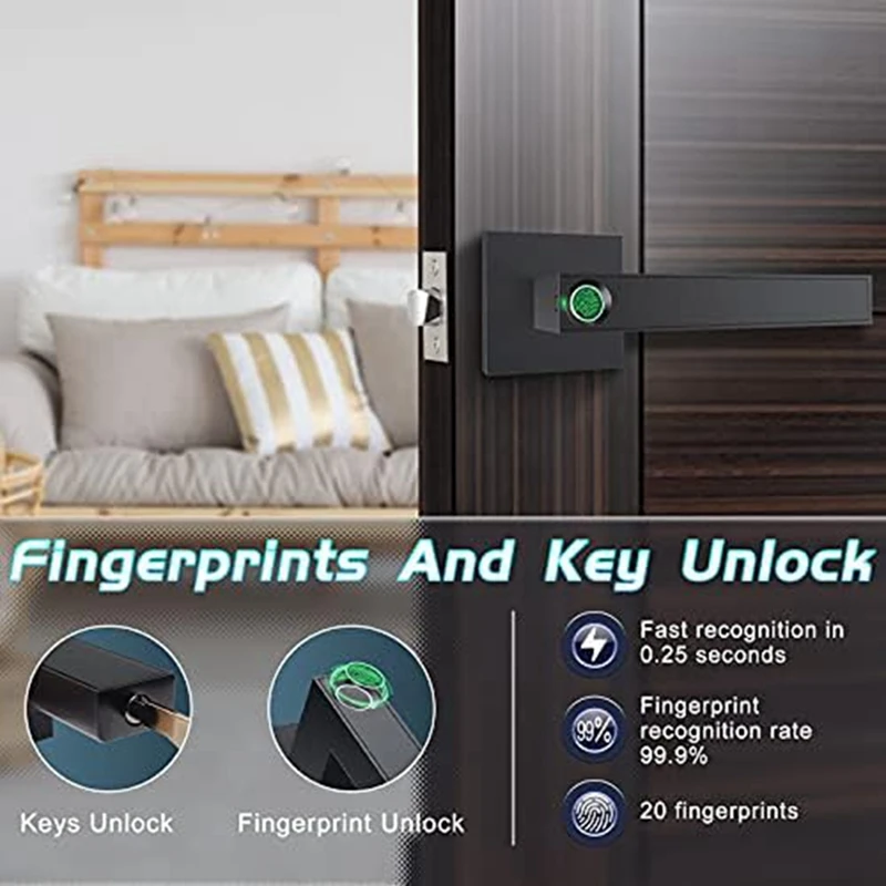 1Set Fingerprint Door Lock Biometric Door Lock Smart Door Handle Door Lock Black