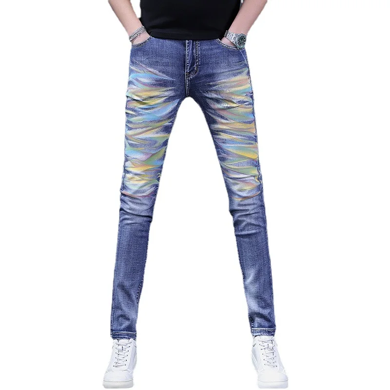 Multicolour Printed Blue Men\'s Jeans Casual Slim Fit Pencil Pants Korean Style Denim Trousers CP2228