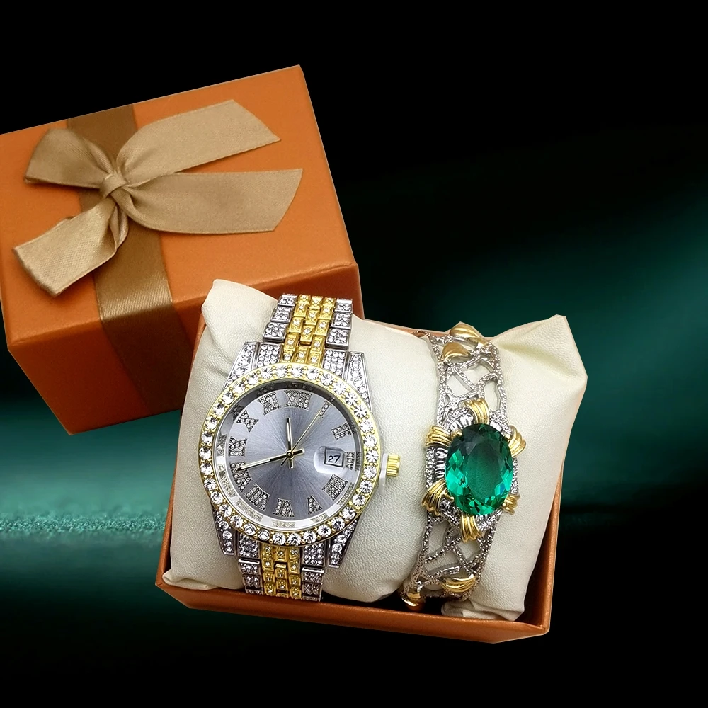 2Pcs Women Full Diamond Watch Luxury Fashion Quartz Watches Steel Belt Dress Wristwatch Retro Green Gemstone Bracelet With Box