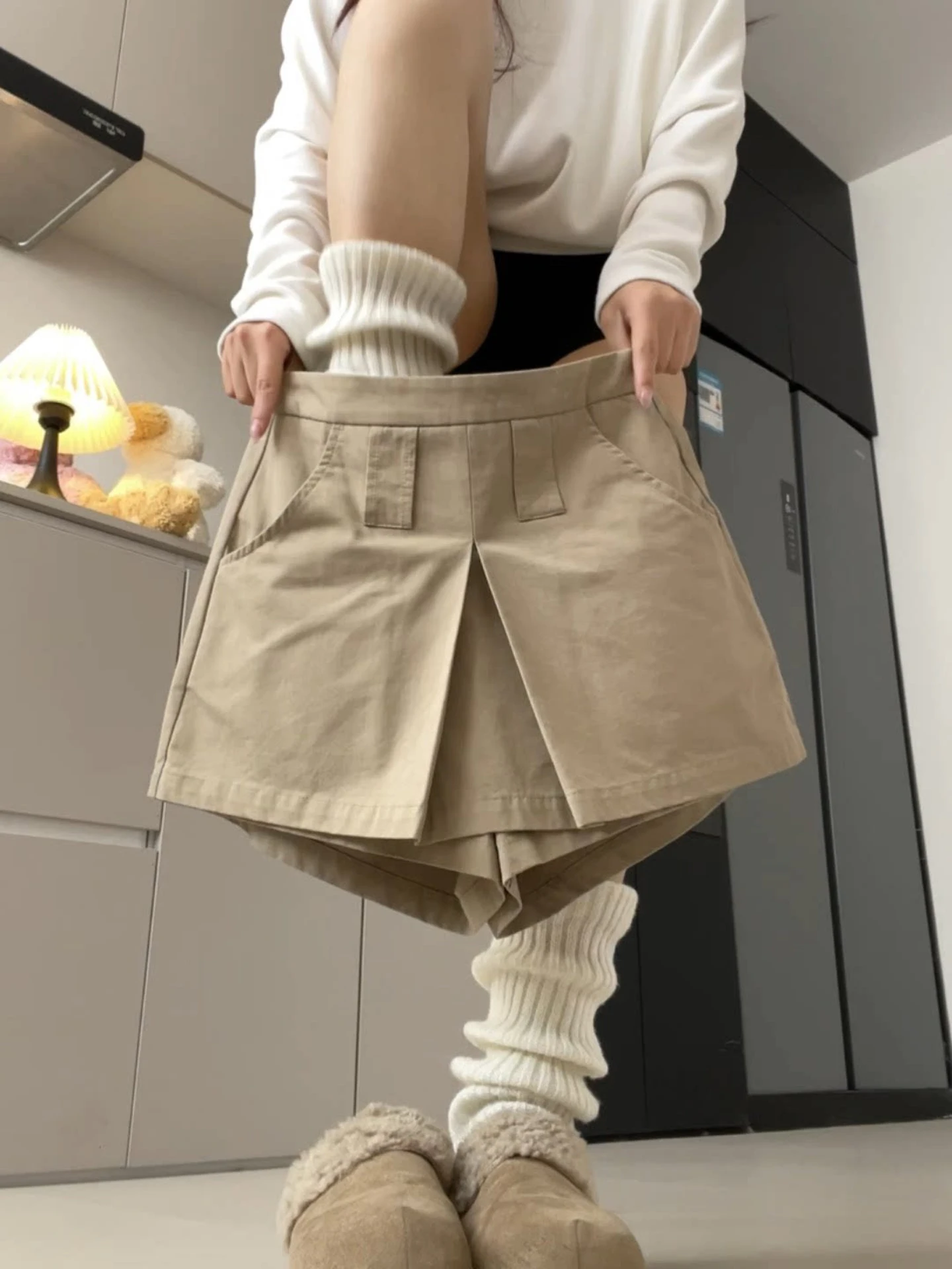 

Khaki Color Fake Two-Piece Shorts Women's Summer High Waist A-Line Slimming Small Size American Workwear Skirt Pants