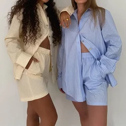 Wear Tracksuit Women Shorts Set Stripe Long Sleeve Shirt Tops and Loose High Waisted Mini Shorts Two Piece Set 2023 Casual Sets