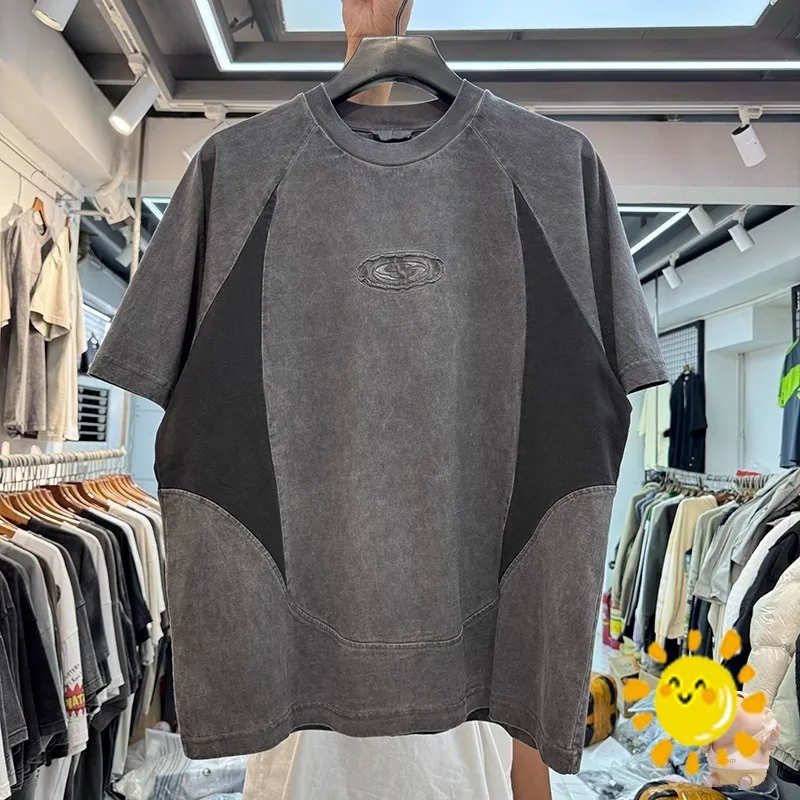 

24SS Streetwear Washed Patchwork T-shirt Men Women High Quality Heavy Fabric Unisex Tee Tops T Shirt