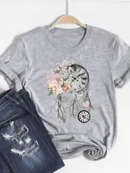 Print T Shirt Short Sleeve Flower Vintage Cute 90s Summer Top Fashion Clothes Women Clothing Gray Basic Tee Graphic T-shirt