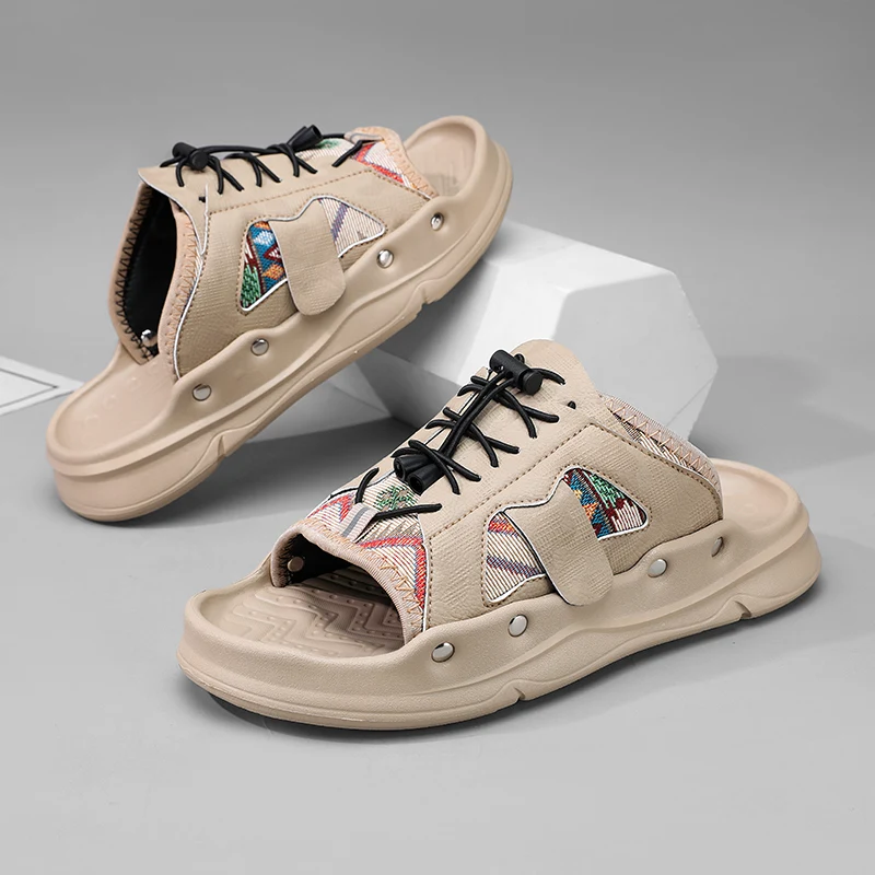 

Lace Up Man Fashion Anti Slip Slippers Wear-resistant Male Footwear 2026 Autumn New Flat Mule Men Sandals Comfortable Breathable