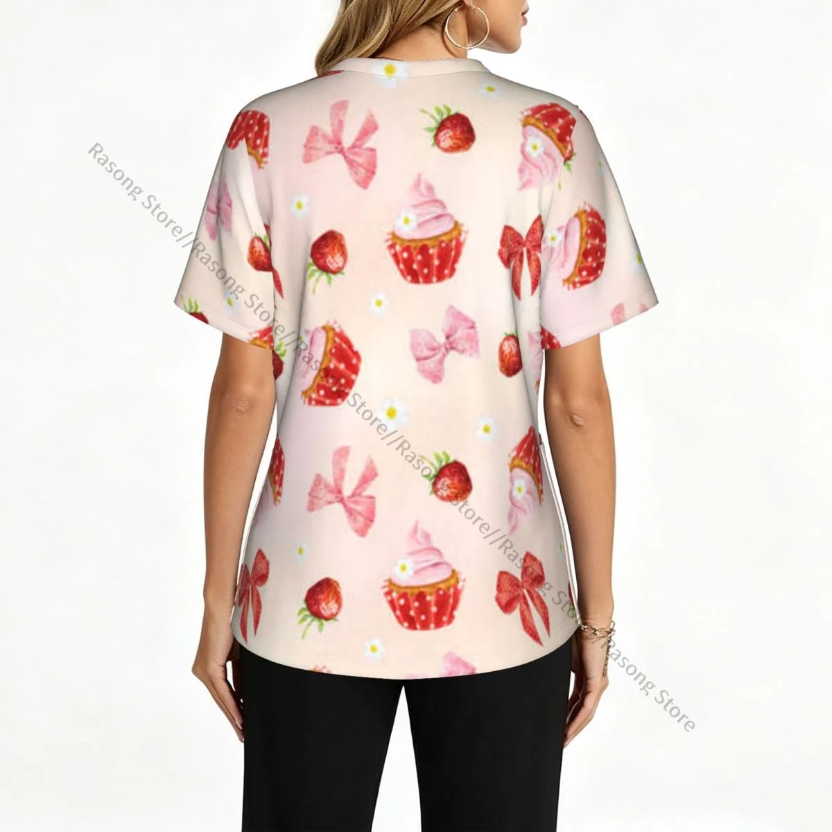 Women Scrubs Blouse Medical Nurse Clinical Scrubs Top Cupcake Bow Strawberry Peach Color Background Operating Room Work T-shirt
