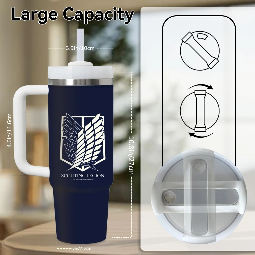 Anime A-Attack On T-Titan Vacuum Flasks 40oz Stainless Steel Insulated Tumbler With Handle & Straw Leakproof Travel Mug