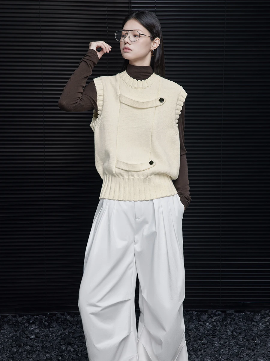 

Loose Knitted Sweater Vest Women's Beige Street Sle Cotton Blend round Ne Casual Autumn New Arrival Unique And Sli