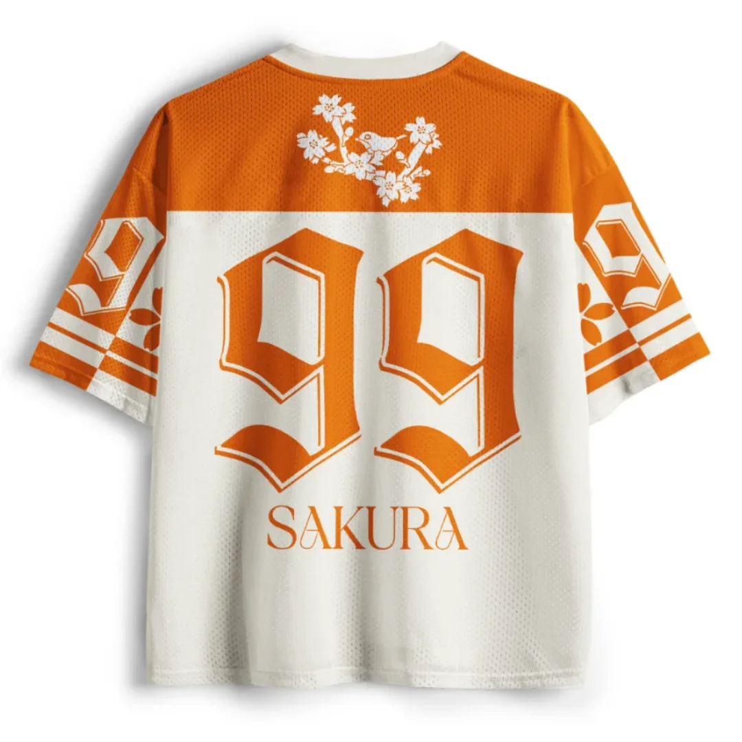 Retro Japanese Cherry Blossom Tree Pattern 3D Full Print Mesh V-neck Knitted Orange Beige Short Sleeve Number 99 Top