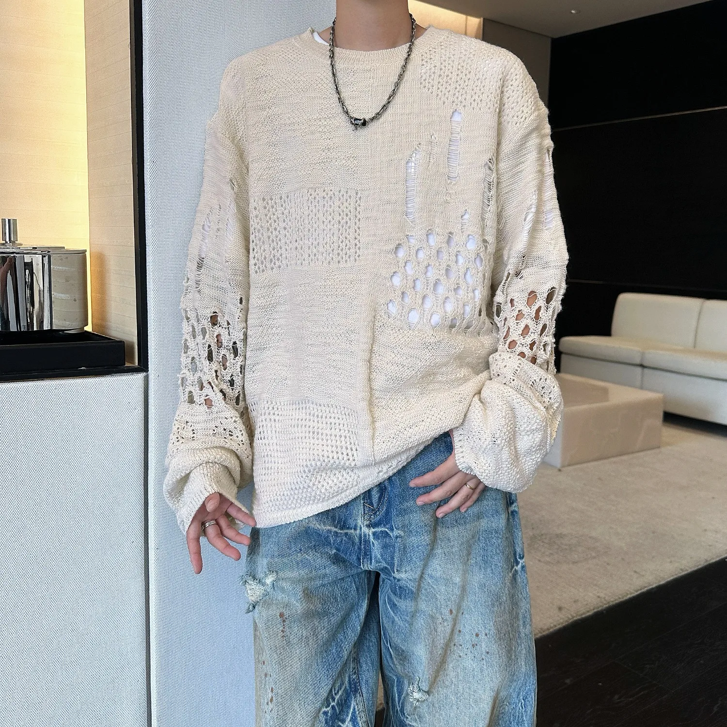 

Необычный ажурный вязаный свитер, мужской американский стиль, осенняя мода, уличный вязаный топ, пуловер с круглым вырезом и длинными рукавами