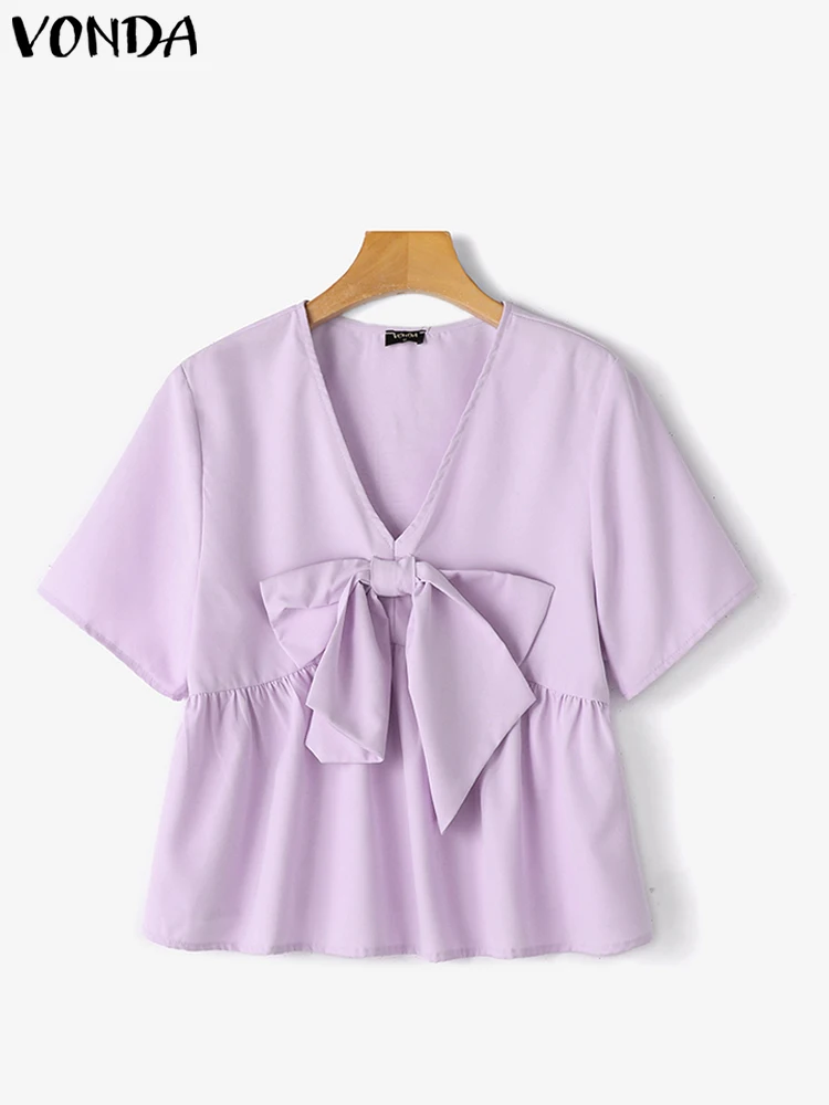 VONDA-blusa elegante con lazo para mujer, camisa informal holgada de manga corta con cuello en V, Color liso, 2024