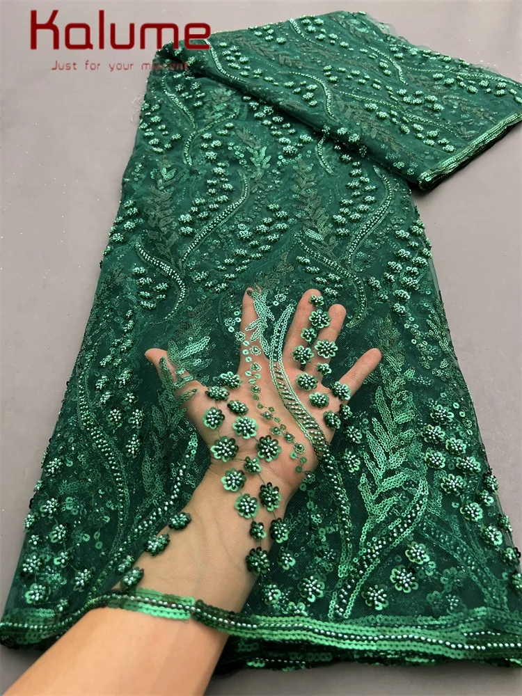 Kalume 2025 African Tulle Lace Fabric Nigerian Net Lace Fabric Sequins Beads High Quality Lace For Sewing Wedding Dress F3803