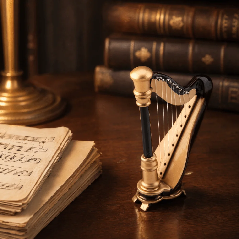 2pcs Wooden Miniature Harp Model Storage Box Included Replica Musical Instrument Ornament Wooden Harp Replica Office Display