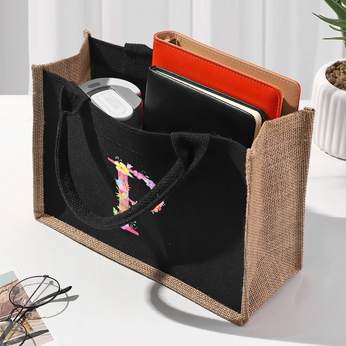 Pink letter black patch linen canvas handbag with waterproof interior and large capacity commuting bag storage bag