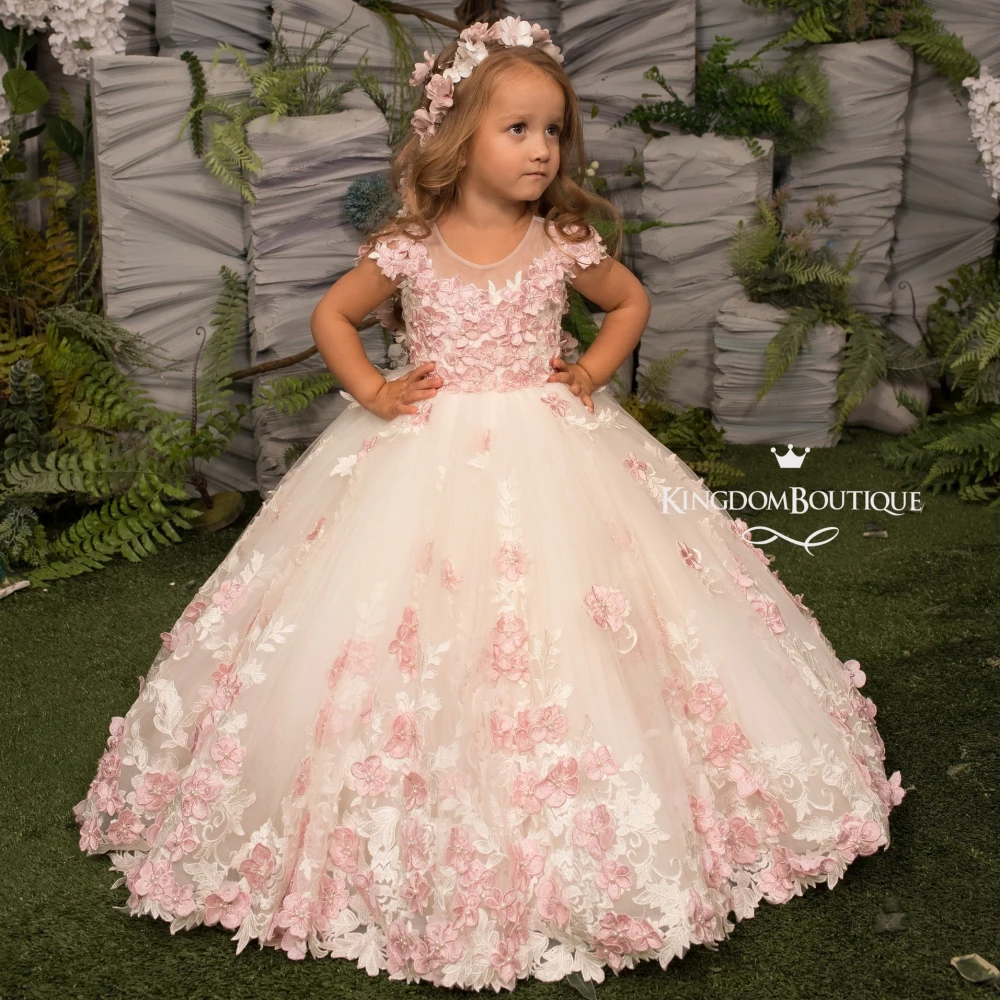 Lorencia-vestido de niña de flores rosa para boda, vestido de baile Formal con apliques de encaje Floral 3D, primera comunión, vestido de desfile YFD016