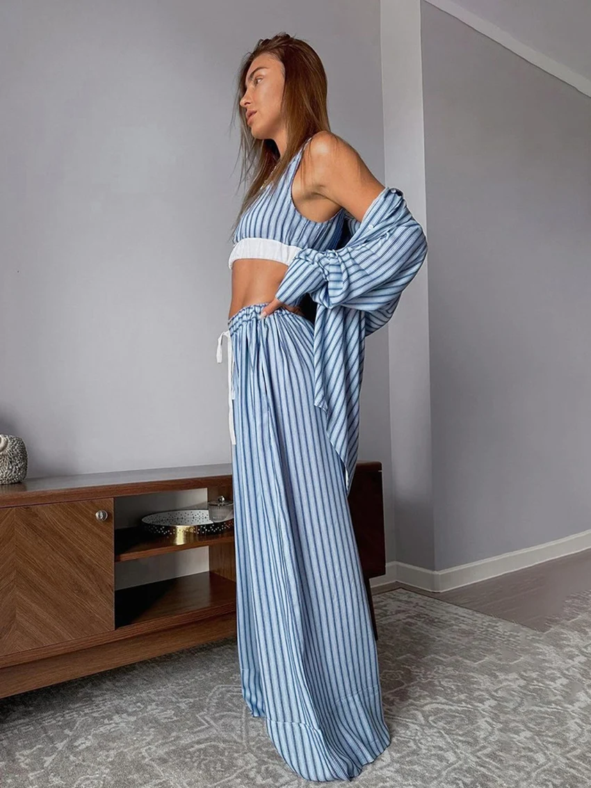 Marthaqiqi Striped Female Pajama Suit Turn-Down Collar Sleepwear Tank Tops Nightwear Long Sleeve Pyjamas Pants Women Nightie Set