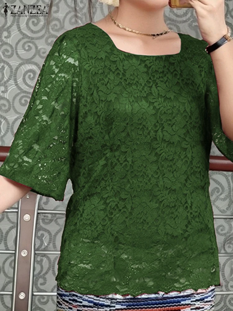 ZANZEA Women Lace Blouse Summer Hollow Out Tops Vintage Half Sleeve Blusas Casual O Square Neck Tunics 2025 Oversized Pullover