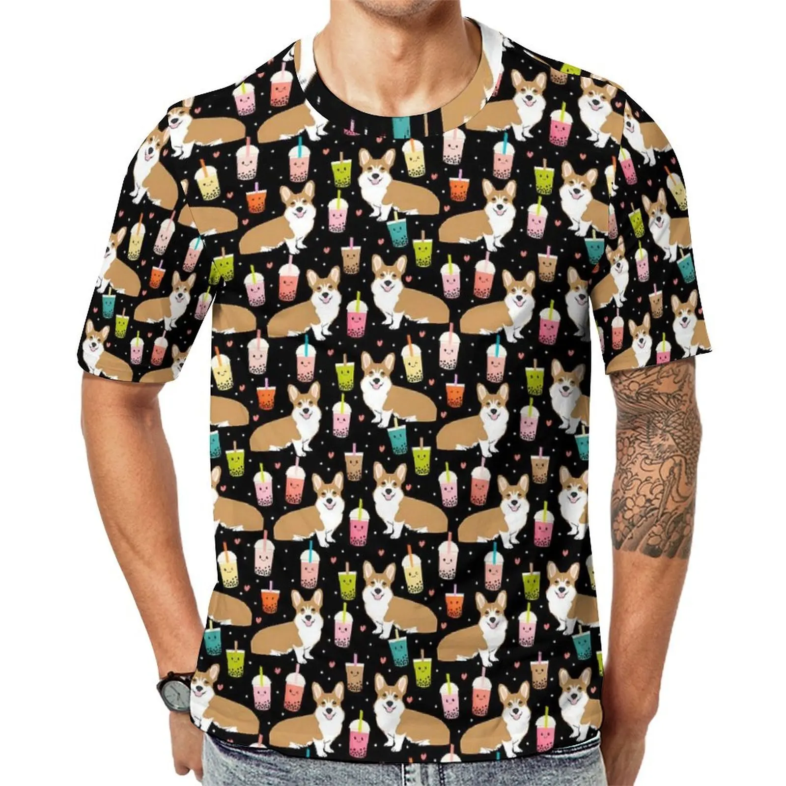 Premium T-Shirt Corgi Bubble T Shirts Kawaii  Dog Print Kawaii Vintage Tees For Male Short-Sleeved Graphic Oversized Tops