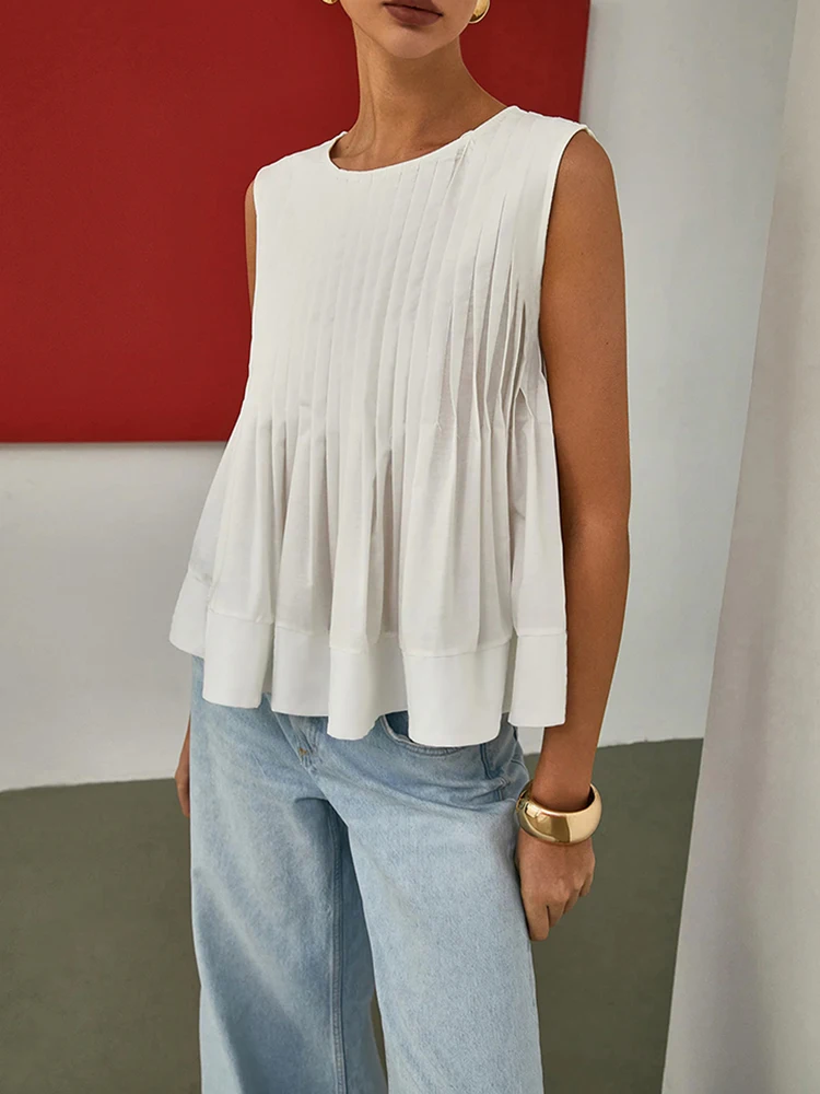 Casual Versatile Fashion Elegant Slim-Fit Short-Sleeve Heavy-Duty Pleated Design Round Neck Sleeveless Shirt Vest Top for Women