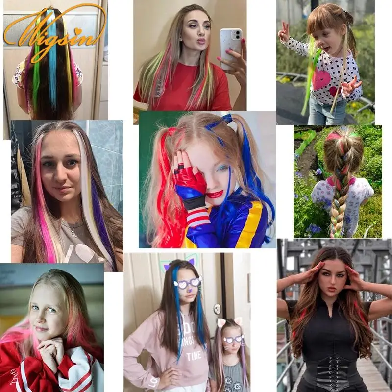 وصلة شعر صناعية طويلة مستقيمة من ويغسين، قطعة شعر ملونة بألوان قوس قزح أرجواني وأحمر وأزرق للنساء #5