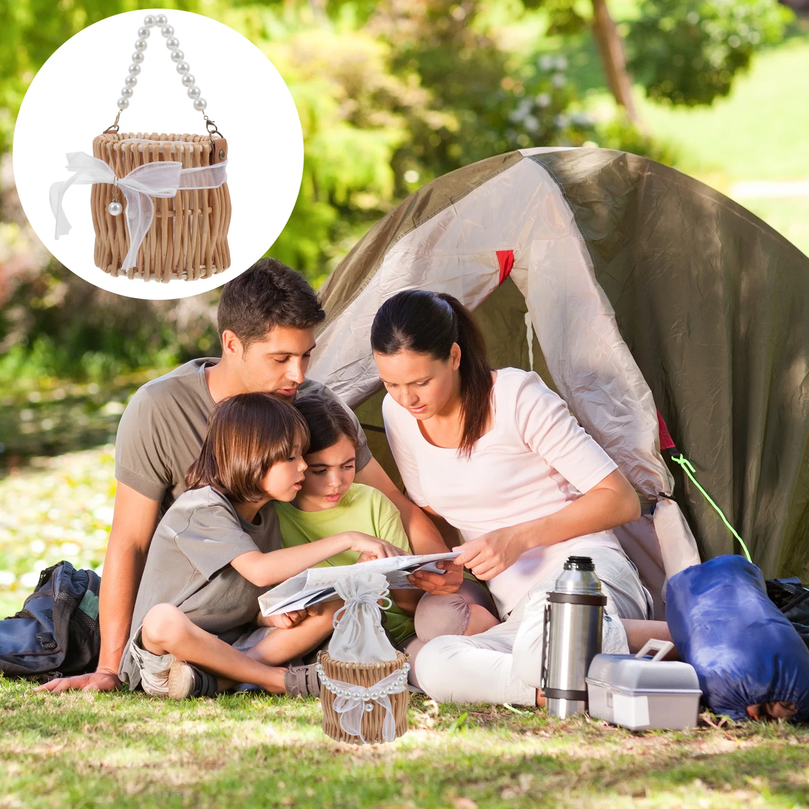 

Woven Basket Imitation Pearl Handle Bowknot Rustic Vintage Storage Basket Flower Fruit Vegetable Picnic Home Decor