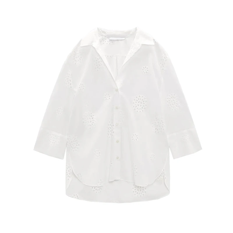 

Spring New Sle Loose Long Sve Collar Embroidered Hollow out White irt Women's Busin Casual Faion Polyester F...