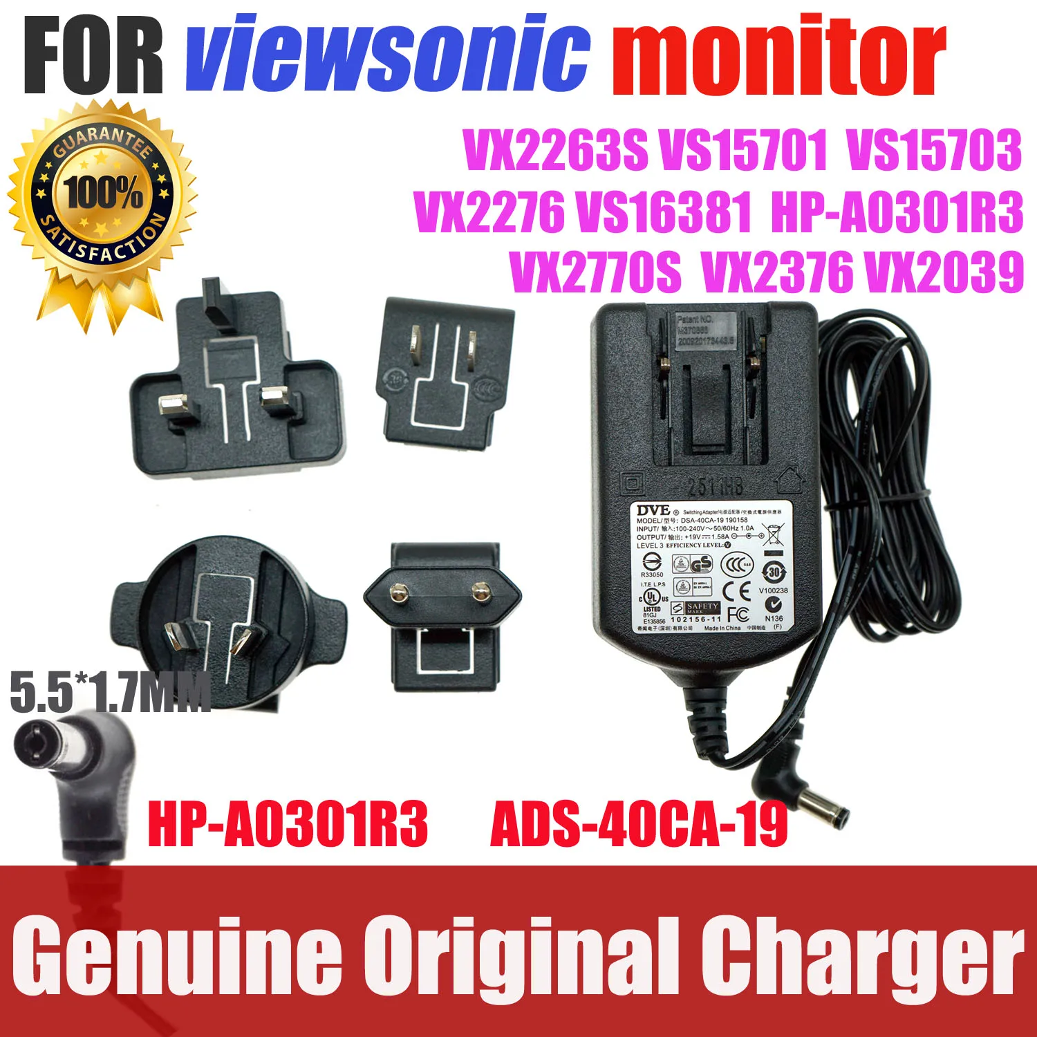 Original DVE 19V 1.58A FOR viewsonic LCD monitor AC adapter Power supply 19030E VS14886 VX2770S VX2253MH VS14880  ADS-40SG-19-3