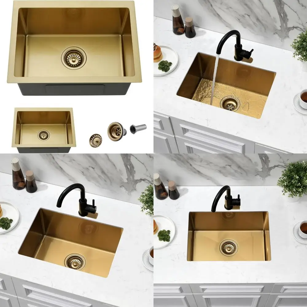 

Gold Undermount Single Bowl Kitchen Sink, 22x16 Inch Stainless Steel Utility Sink for Wet Bar, 18 Gauge Durable Design