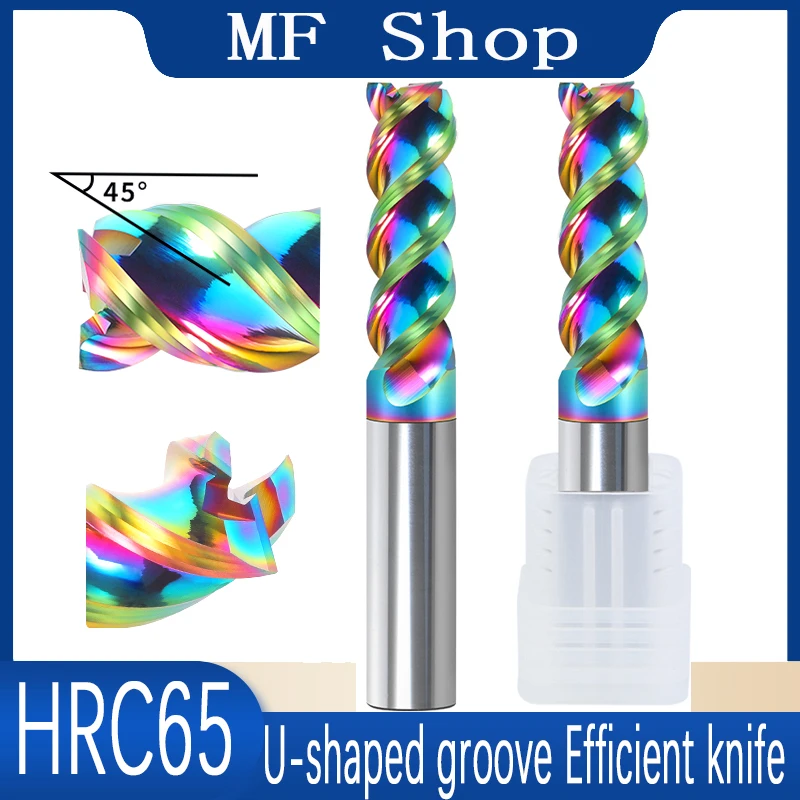 HRC65 DLC Color Coated High Gloss Aluminum Milling Cutter Special CNC U-groove Integral Tungsten Steel 3 Flute Carbide End Mill