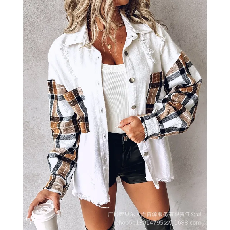 Trend Long Sleeve Shirt Jackets Women Casual Pockets Plaid Contrast Color Coats Outwear Single Breasted Fashion Shirts Jacket